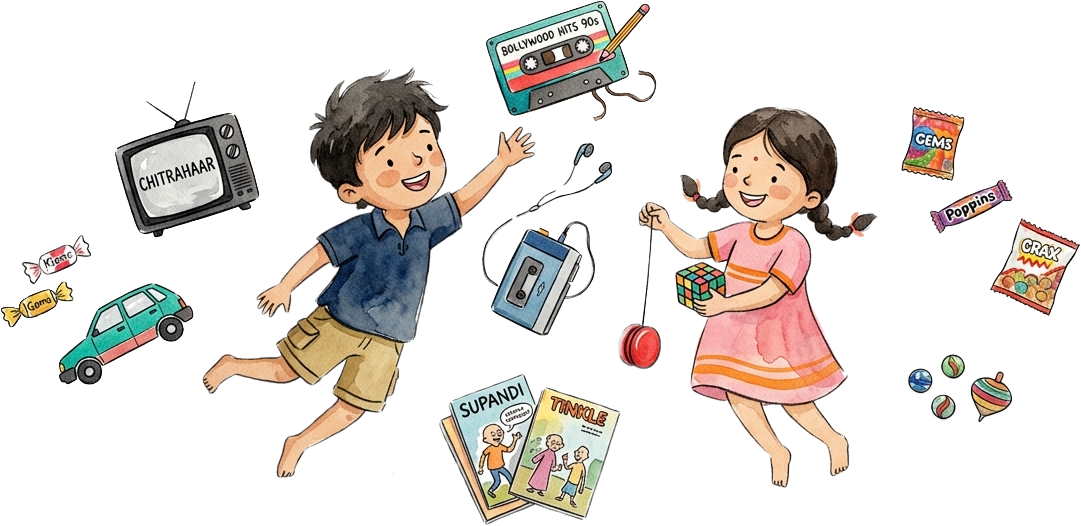 Nostalgic illustration of childhood toys, candies, and memories